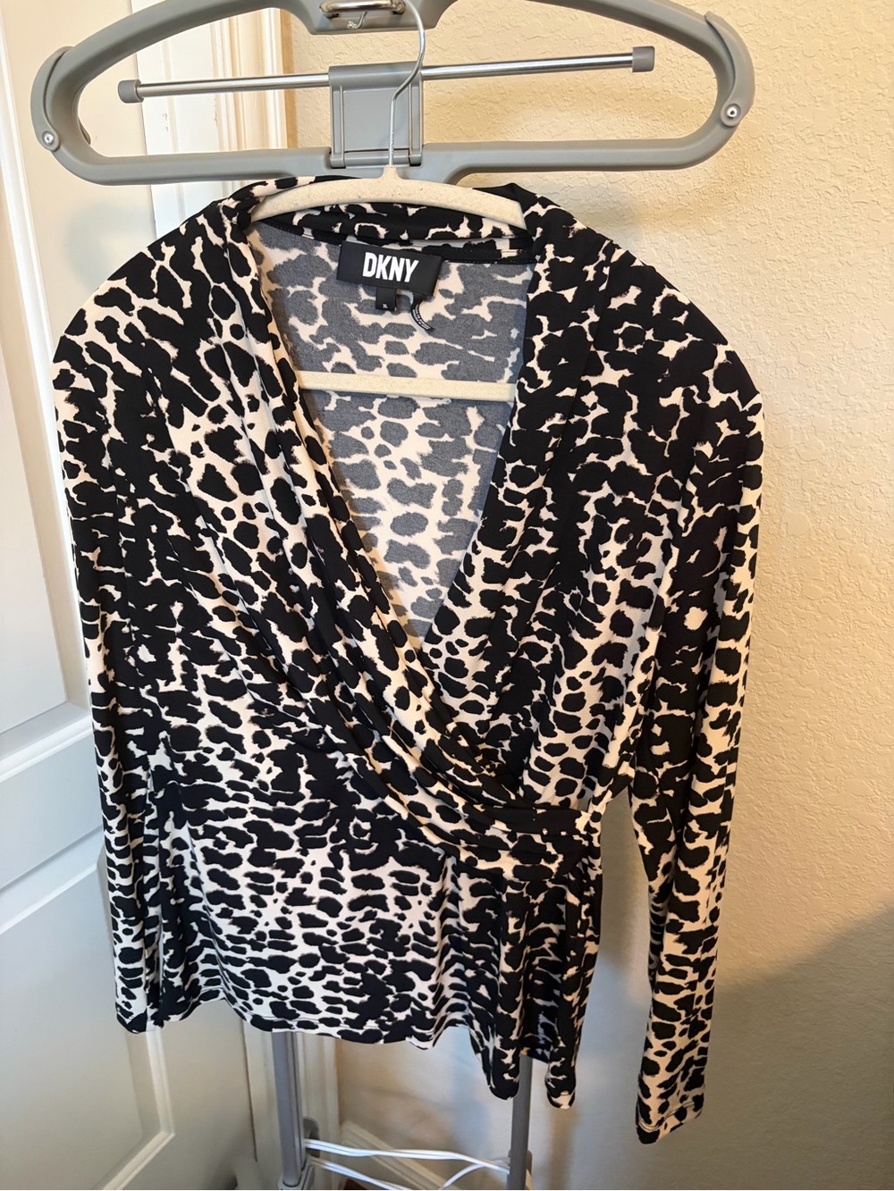 DKNY Black and Cream Animal Print Wrap-Style Tunic
